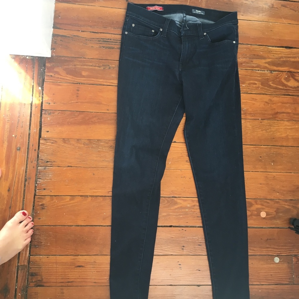 Red engine low rise skinny jeans